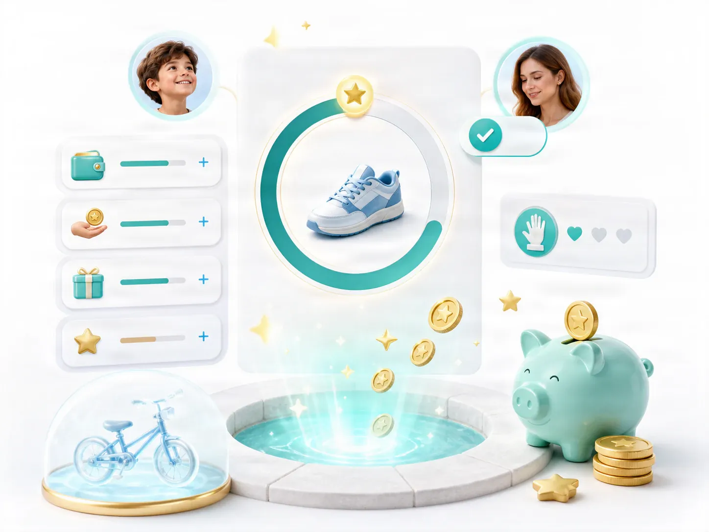 Official illustration of a parent and child discussing allowance and a savings wish