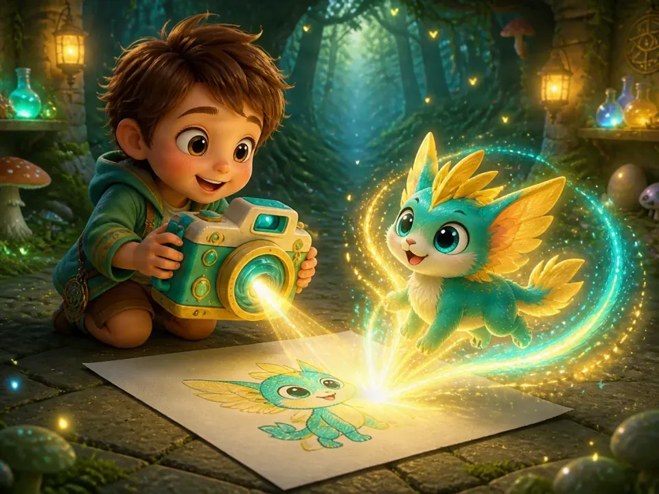 Official illustration of a child exploring a pet creation from a drawing