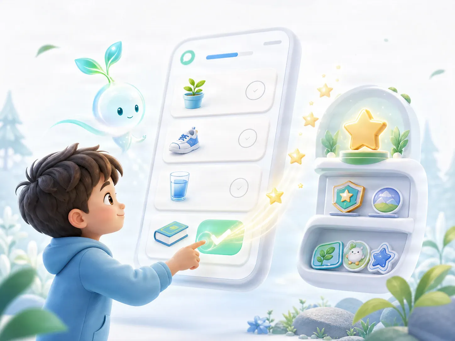 Official illustration of a child checking tasks and collecting stars and stickers